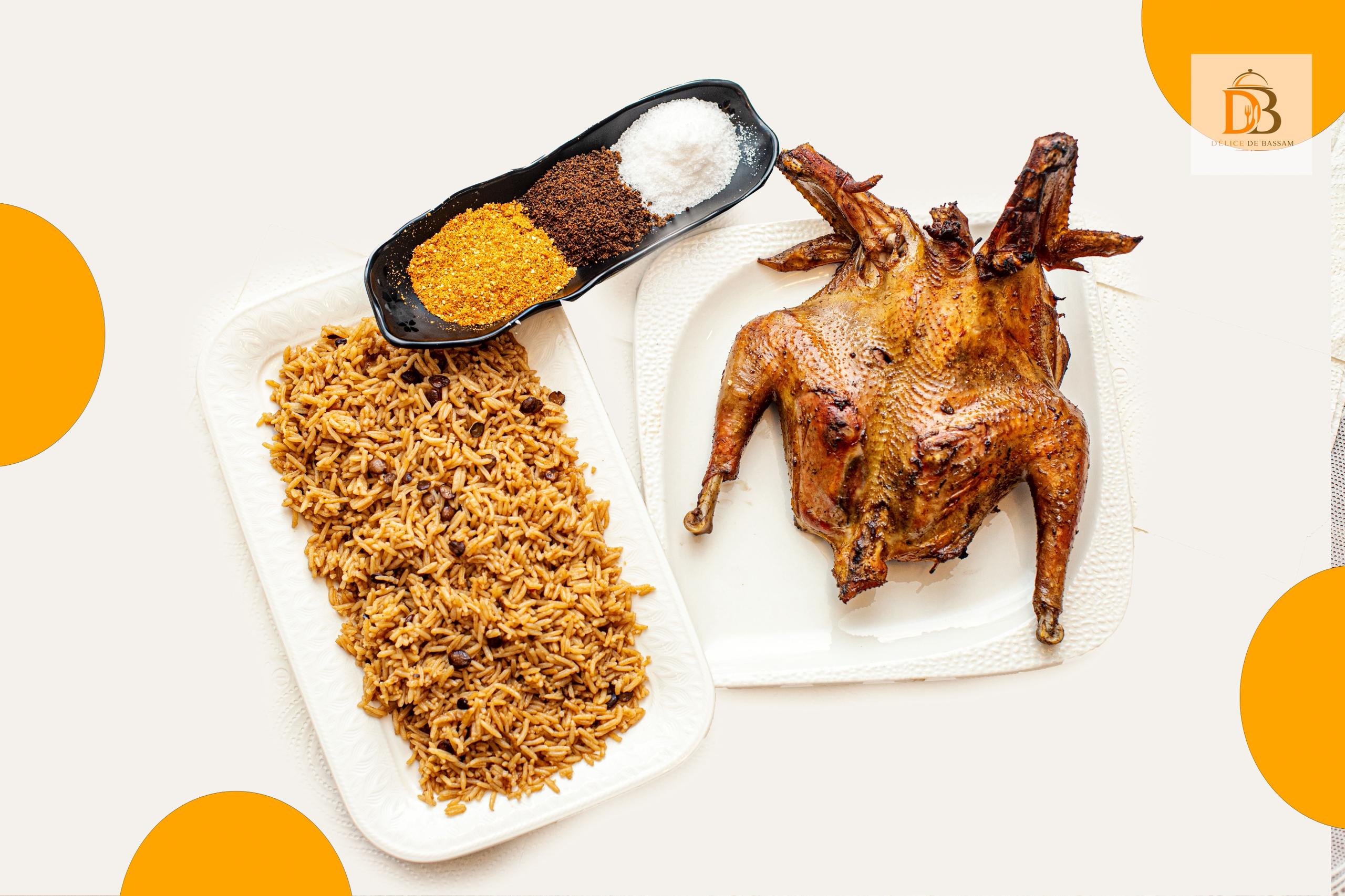 Riz au soumbala avec un poulet flambé
